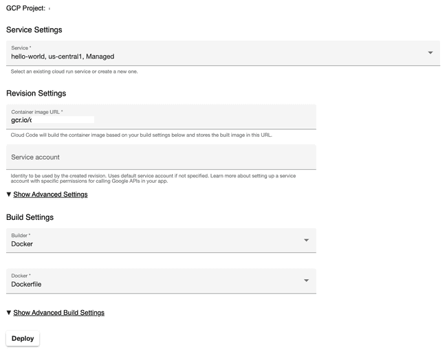 VS Code Cloud Run Deploy Page